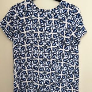 Short Sleeve Grecian White and Blue Print Blouse